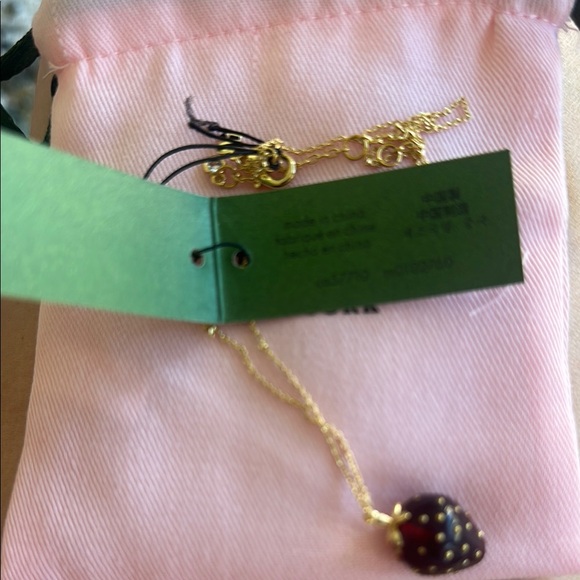 Kate Spade Gold Strawberry Necklace new w tag and pink bag picnic perfect 17” - Picture 3 of 3